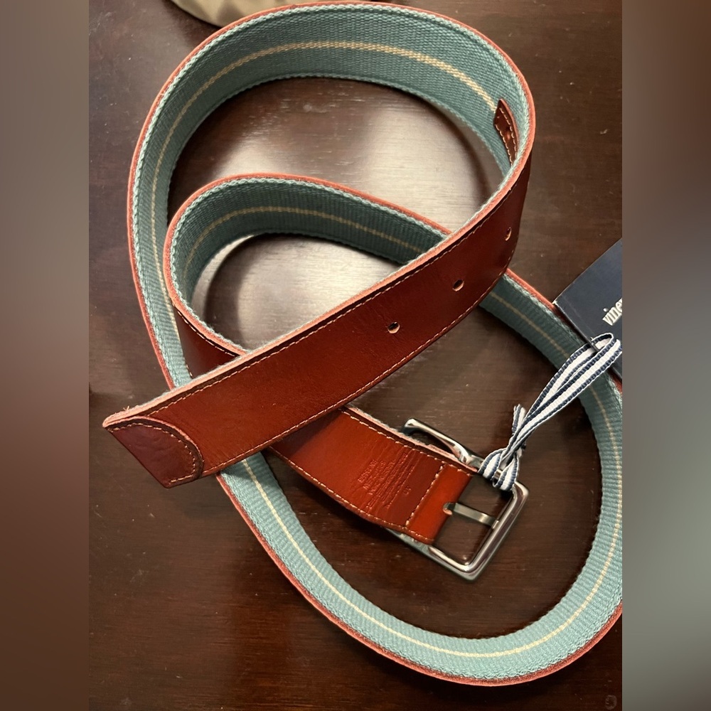 Men’s Vineyard Vines NWT Reversible Leather & Webbing Blue & Brown Stripe Belt - Picture 5 of 6